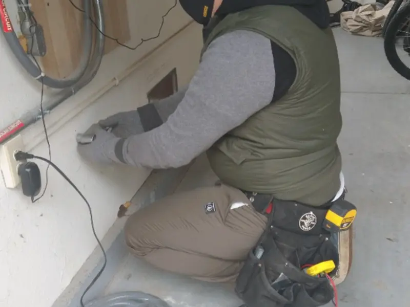 Electrician performing outlet wiring in a Broken Arrow garage